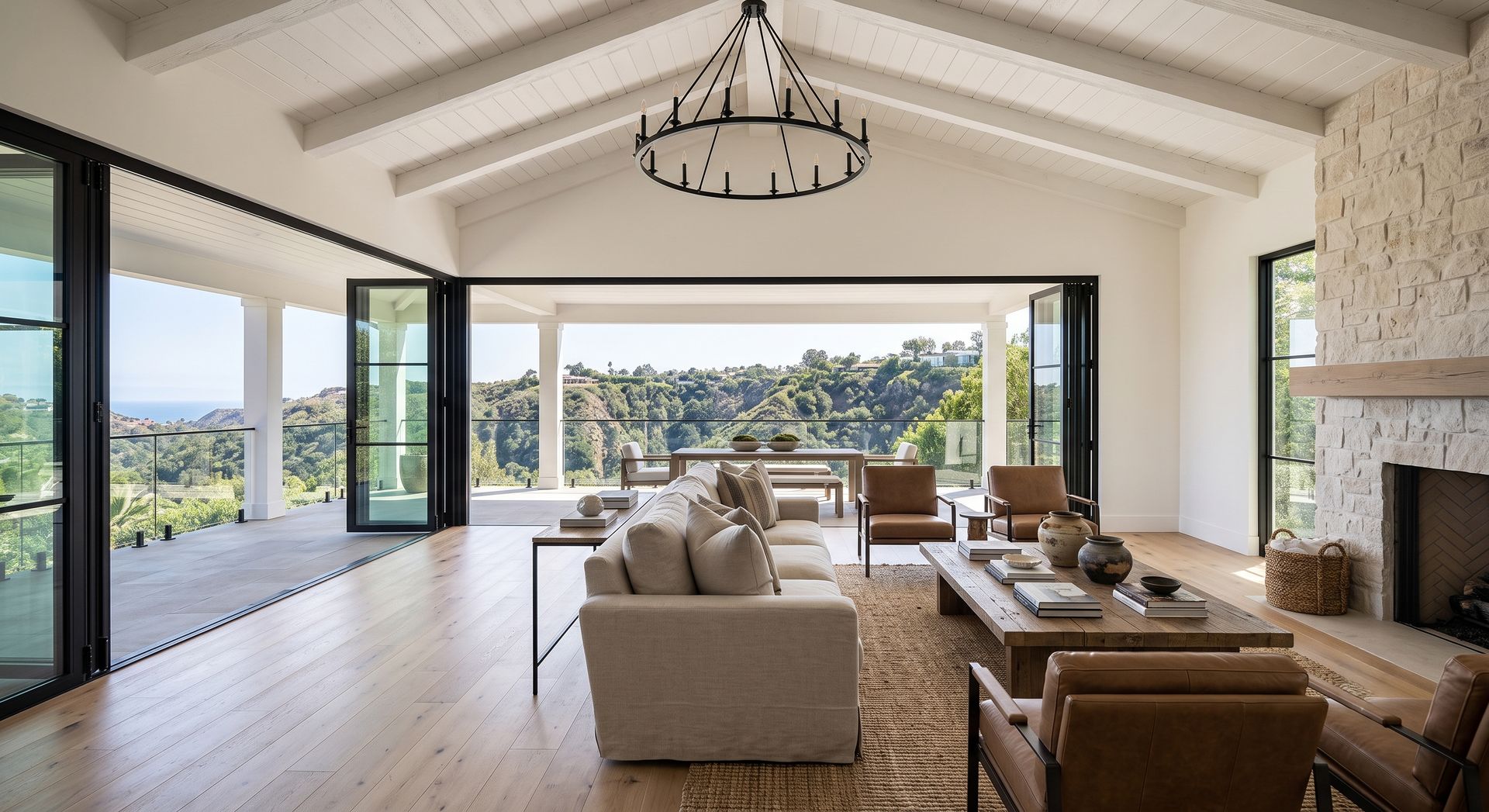 A vaulted great room opening to a hillside view, by Gross Design + Build