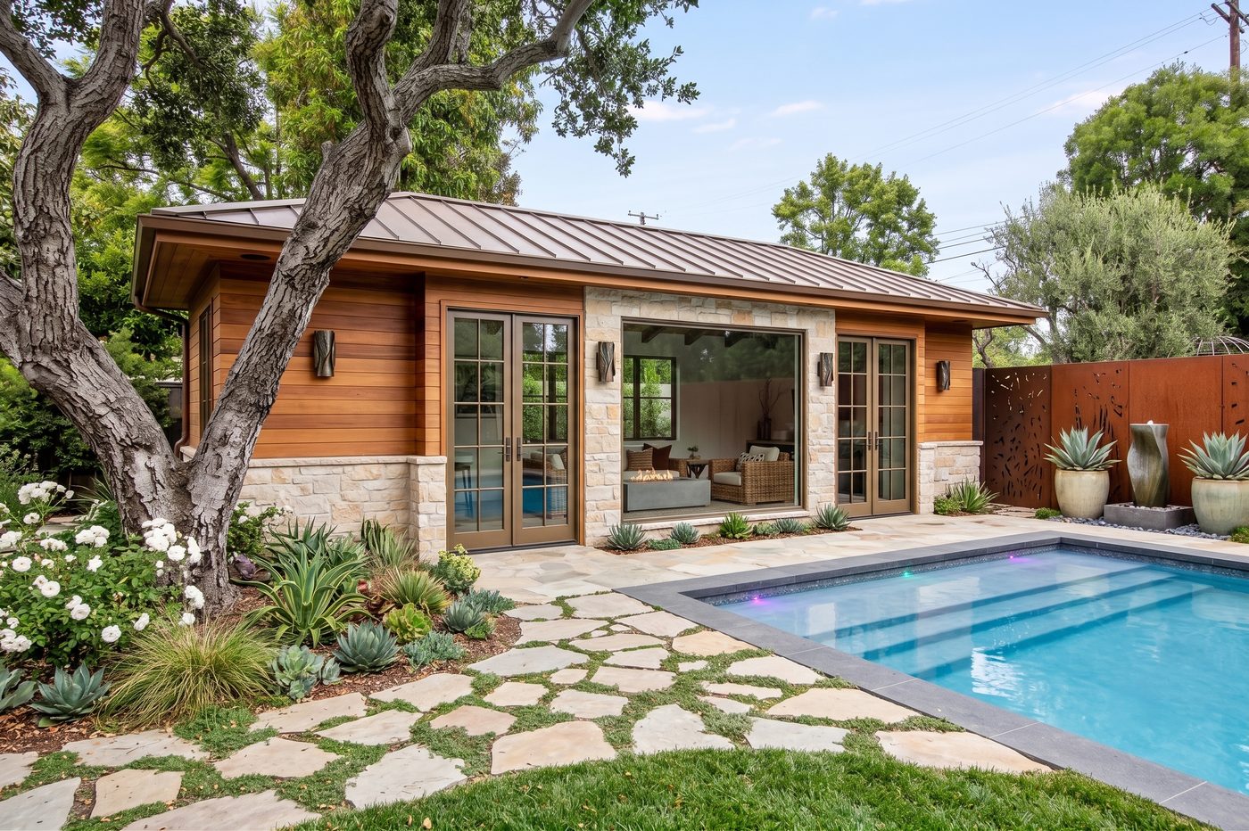 Pool house ADU with wood siding and stone base