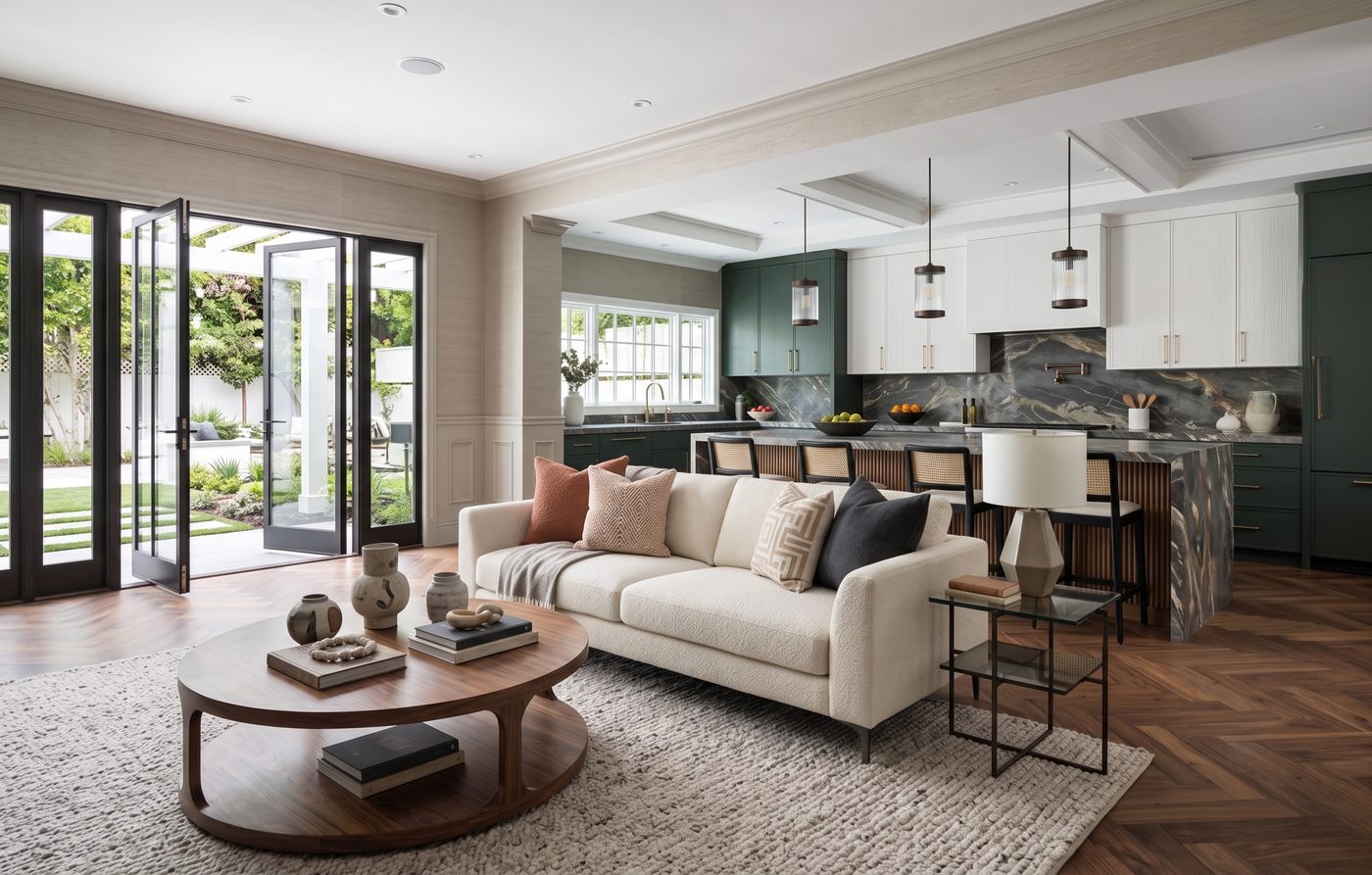 Renovated living room and kitchen with herringbone floors